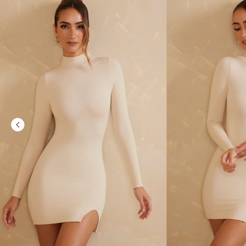 High Neck Long Sleeve Mini Dress in Ivory